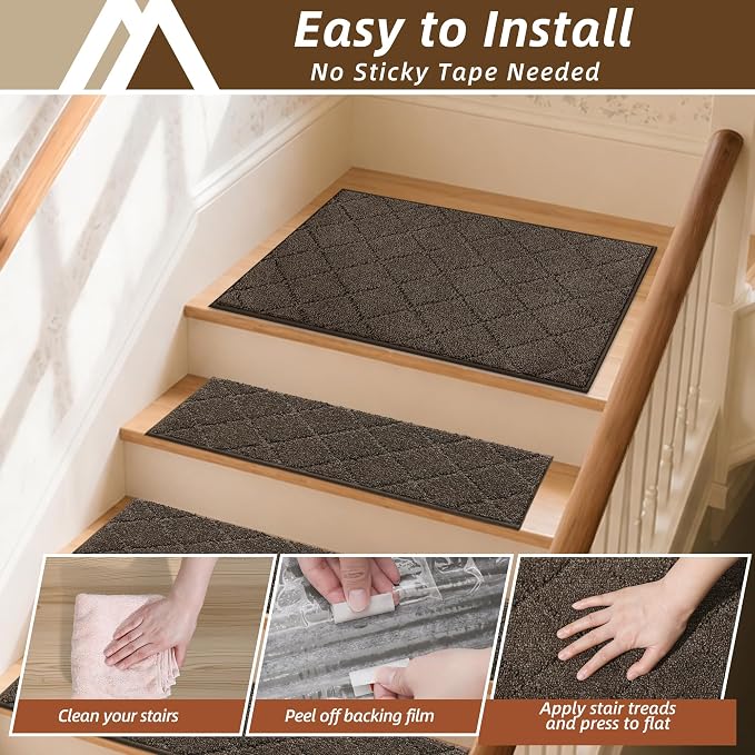 COSY HOMEER Edging Stair Treads Non-Slip Corner Indoor Stair Runners for Wooden Steps,Landing Slip Resistant Stair Rugs for Kids and Dogs, 100% Polyester TPE Backing,Brown,20"X32"