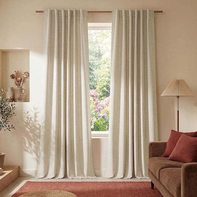 NICETOWN Farmhouse Linen Textured 100% Blackout Curtains, Rustic 3-in-1 Header (Hooks/Back Tab/Pocket), Thermal Insulated Room Darkening Window Treatment for Bedroom, Cream, 52" W x 90" L