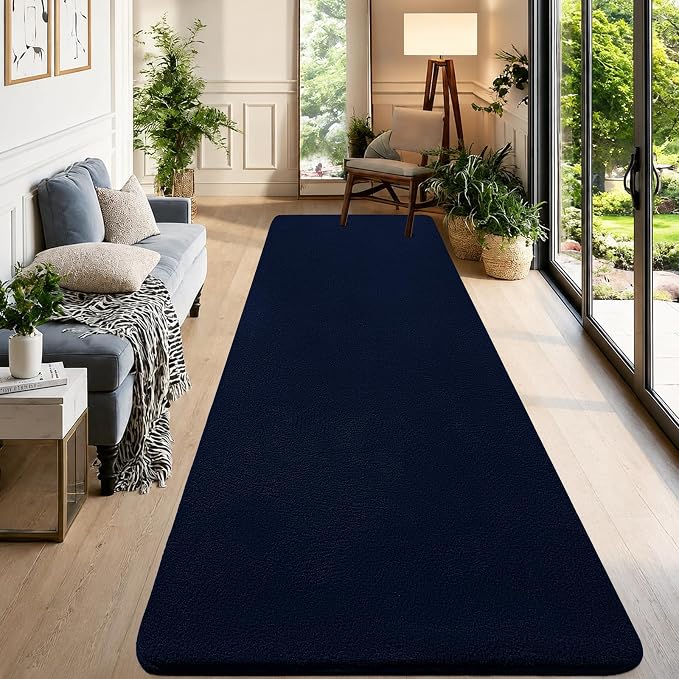qulint Modern Carpet Runners for Hallway 8ft, Navy Blue Non Slip Kitchen Runner Rugs 2x8 Soft Thickened Memory-Foam Indoor Washable Rug, Minimalist Solid Carpet for Bedroom Living Room Home Decor