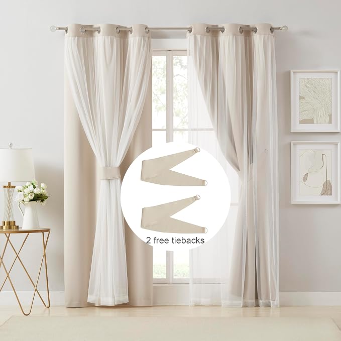 Bujasso Beige 80% Blackout Curtains with Sheer Overlay Mix and Match Double Layer Thermal Insulated Window Panels 102 inch for Living Room Bedroom Beige Drapes with Tiebacks Grommet Top 54" Wx102 Lx2