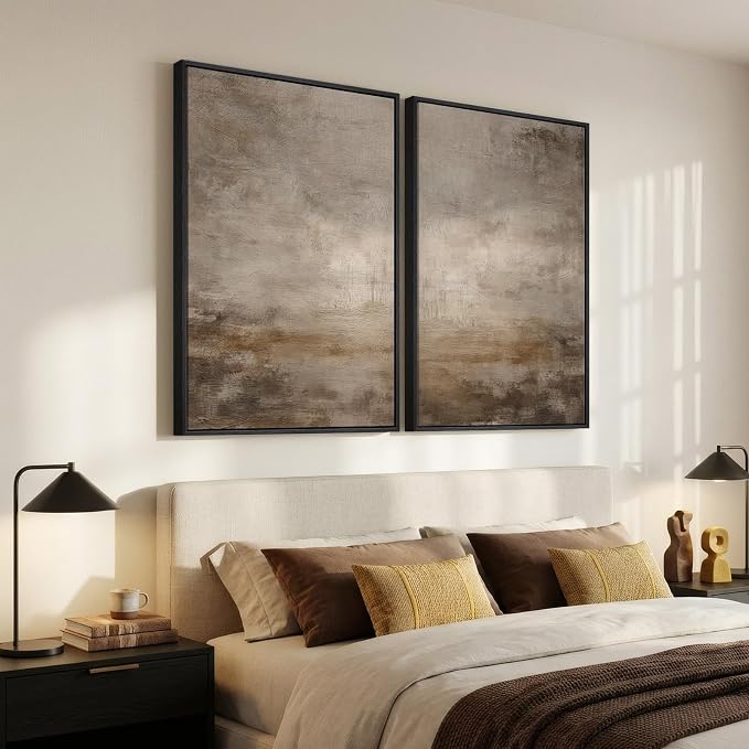 Large Framed Neutral Abstract Wall Art Set of 2 for Living Room, Minimalist Modern Brown Grey Canvas Artwork for Walls, Wabi Sabi Rustic Painting Print Wall Decor for Bedroom Home Office, 24x36 Inch