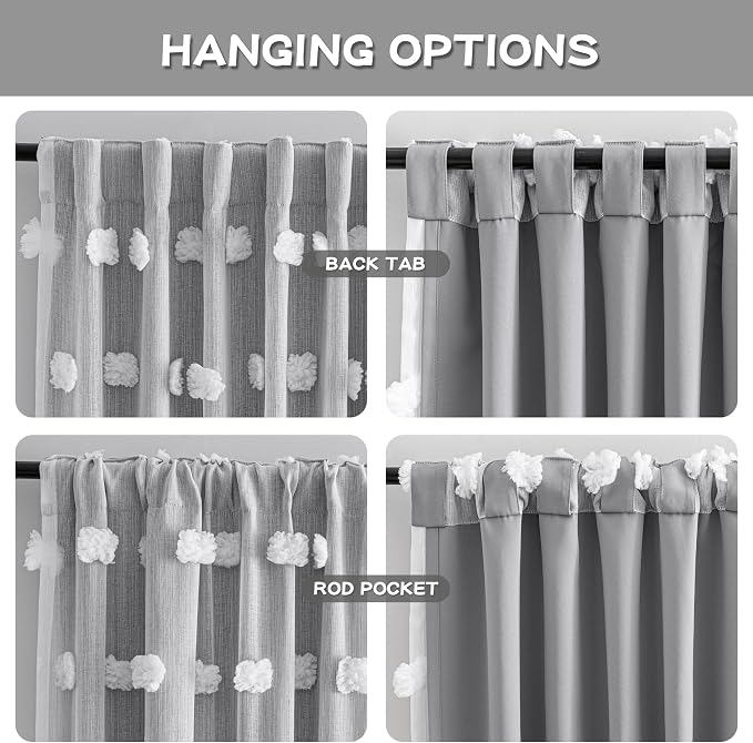 MYSKY HOME Grey Blackout Curtains for Kids Room Boys Bedroom 72 Inch Long Double Layer Curtain with White Pom Pom Sheer for Dining Room Back Tab Room Darkening Window Drapes 2 Panels, 52 x 72 in