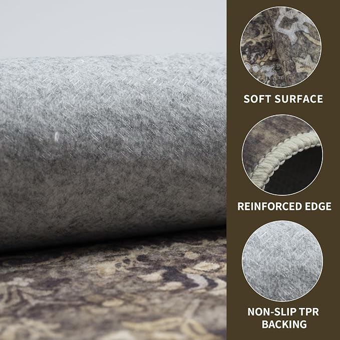 9x12 Vintage Washable Area Rug for Living Room,Non Slip Boho Carpet Non-Shedding Large Area Rug Soft Indoor Stain Resistant Rug Floral Print Mat for Bedroom Dining Room Brown Floral