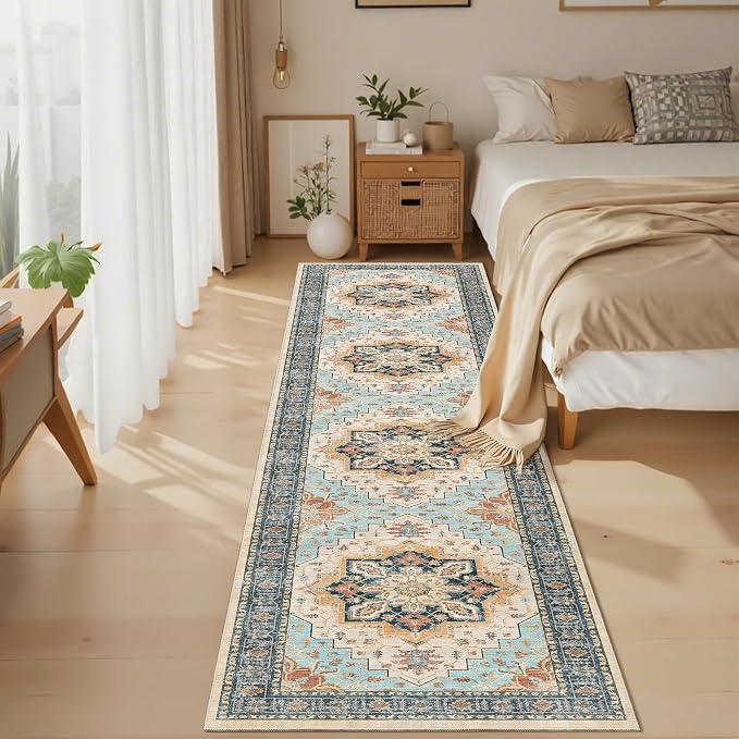 Madane Washable Runner Rugs 2x10 Long for Hallway Kitchen, Orange/Blue | Non-Slip Low-Pile 10ft Rug Runners Soft, Stain-Resistant Floor Carpet Mat for Entrance, Living Dining Laundry Room, Stair