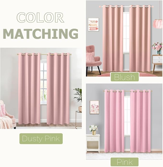 Pink Curtains 63 Inch Length for Baby Girls Nursery Decor,2 Panel Sets Pair Thick Room Darkening Heat Light Blocking Grommet Thermal Insulated Blackout Curtain for Bedroom Girls 52x63 Inches Long