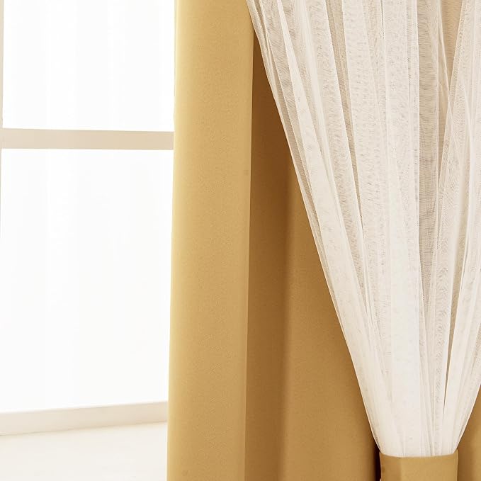 INLINAS Gold Blackout Curtains with Sheer Overlay - Grommet Top Thermal and Noise Reduction Panels for Bedroom and Living Room Light Blocking and Energy Saving, 52 x 108 Inches, Set of 2