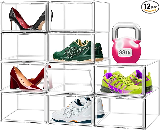 Clear Acrylic Shoe Storage Boxes 12 Pack, Size 14 Stackable Shoe Organizer with Magnetic Door, Space-Saving Sneaker Containers for Closet, Entryway, Transparent Display Case for Boots & Shoes