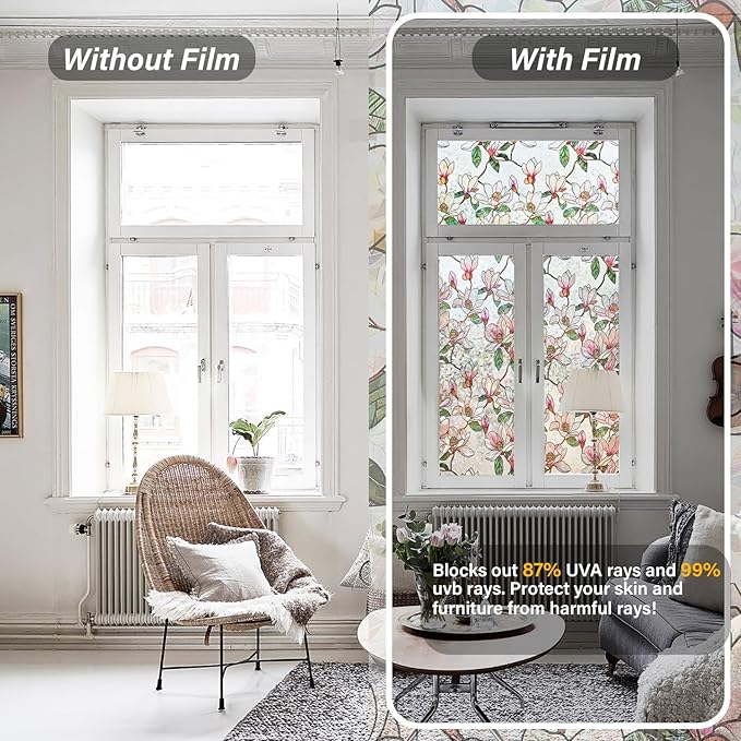 Ranzdn Window Privacy Film - Stained Glass Window Film Static Cling UV & Heat Blocking Rainbow Window Film for Glass Doors, Bedroom Windows - No Glue Premium Vinyl (Easy Install,45.2"×78.7")