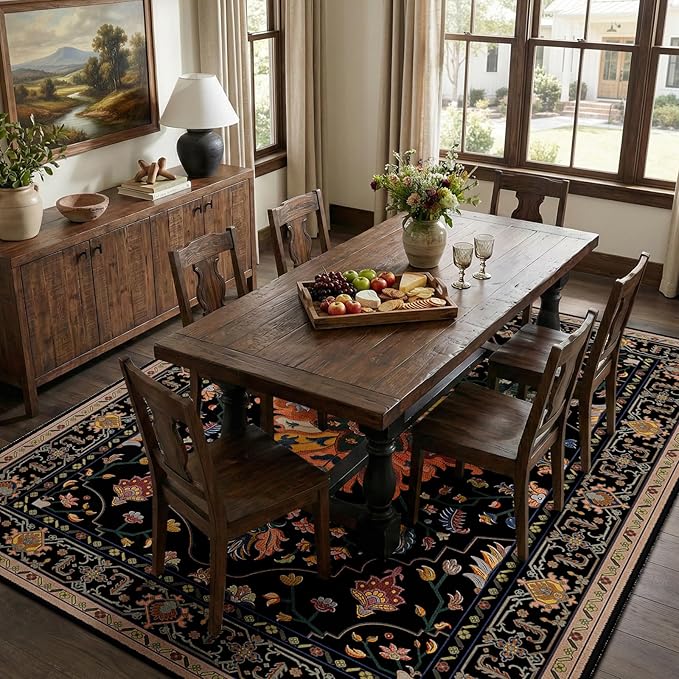 RELEANY Area Rugs 7'x10' Washable Non-Slip, Floral Vintage Distress Medallion Carpet for Living Room Bedroom Dining Room, Black Colorful Floral Dark Tan