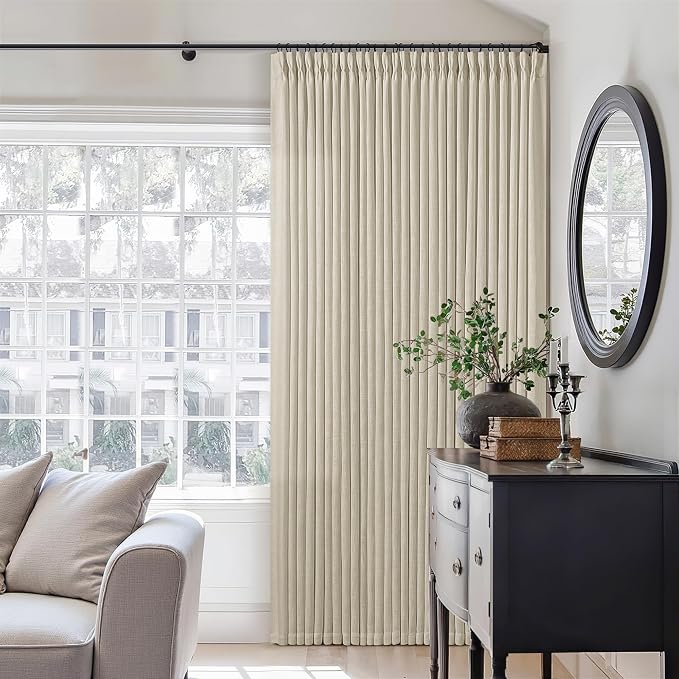 Beige 100 Inch Pleated Linen Curtains 2 Panels for Living Room Bedroom Memory Training Shaped Semi Sheer Neutral Light Tan Flax Burlap Pinch Pleat Drapes Hooks Rings Light Filtering Window Curtain