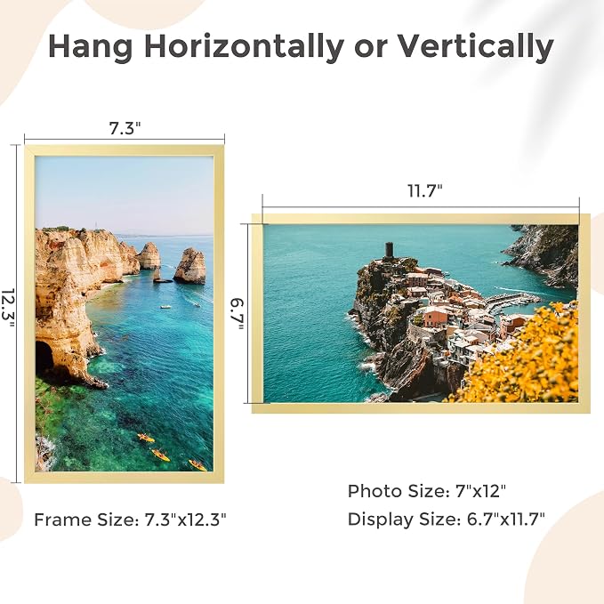 FLYJOE 7x12 Metal Picture Frame - Gold Aluminum Picture Frames with Real Glass, Wall Mounting Horizontally or Vertically, Simple and Elegant Decor for Wall Gallery Poster Photo 12x7 Frame, Gold