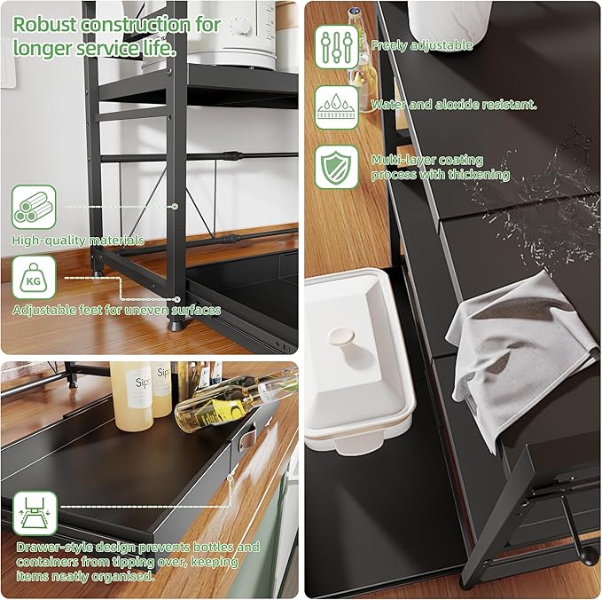 NETEL Expandable Microwave Stand with Storage,2 Tier Kitchen Countertop Organizer Shelves with 8 Hooks,Microwave Shelf with Pull Out Storage Tray and Cup Holders,55lbs Weight Capacity,Black