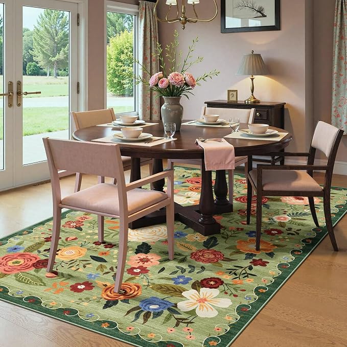6x9 Washable Area Rug for Living Room, Floral Non-Slip Non-Shedding & Easy Care, Soft Low Pile Vintage Indoor Floor Carpet for Living Room, Bedroom, Farmhouse, Dining Room, Kids Playroom, Green