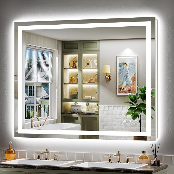 Briivue 48x38 Inch LED Bathroom Mirror with Lights, Backlit & Front Lit, Anti-Fog Lighted Bathroom Vanity Mirror for Wall, Memory Function, Dimmable, HD Tempered Glass, Shatter-Proof