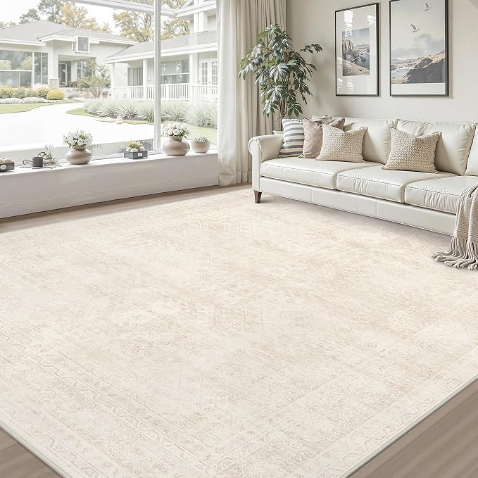 Area Rugs 9x12 Living Room: Vintage Boho Neutral Washable Rug Indoor Soft Large Area Rug Carpet for Bedroom Nursery Farmhouse Dining Room Office Floor Non-Slip Low Pile Under Table Rug Beige