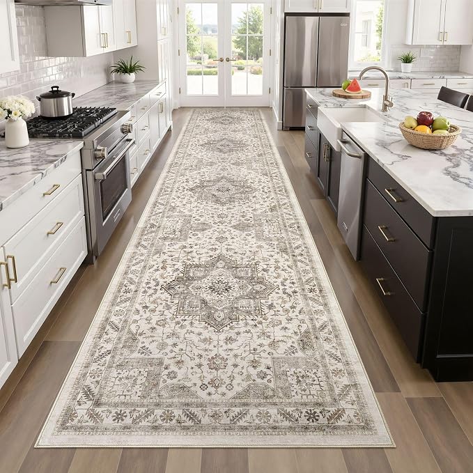 Vintage Hallway Runner Rug 3x12: Large Soft Washable Entryway for Kitchen Laundry Room Non-Slip Backing Runner for Entrance Living Room Bedroom Bathroom - Light Brown