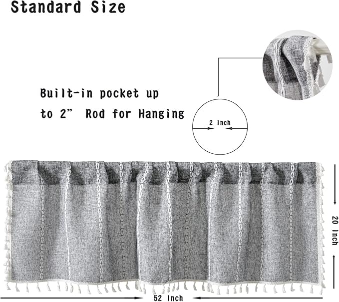 RoomTalks Rustic Farmhouse Kitchen Valances for Windows in Dark Gray, 18’’L x 52’’W Boho Striped Vintage Charcoal French Country Cottage Textured Tassel Curtain Valances for Bathroom Living Room