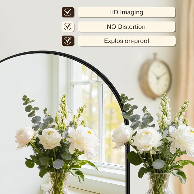 Vanity Bathroom Mirror for Wall, 32”x30” Arched Bathroom Mirror for Over Sink, Arched Metal Frame for Bedroom, Living Room, Entryway, Hanging or Leaning, Black