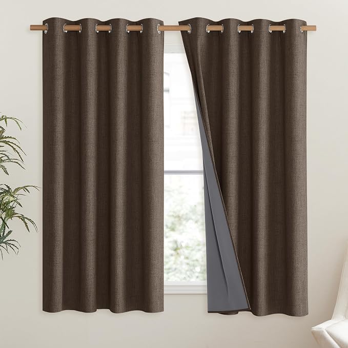 NICETOWN Coffee Vintage Linen 100% Blackout Curtains for Living Room, Thermal Insulated Curtains 48" Long, Noise Reducing Window Treatment Drapes for Hall Room, 52" Wide Per Panel, Set of 2