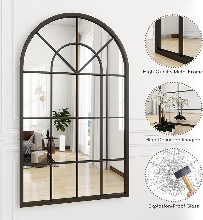 Arch Wall Mirror Mounted Decorative, 30"x42", Arched Window Pane Mirror for Wall-Mounted for Entryway, Bathroom Vanity, Living Room or Bedroom, Iron Frame, Black