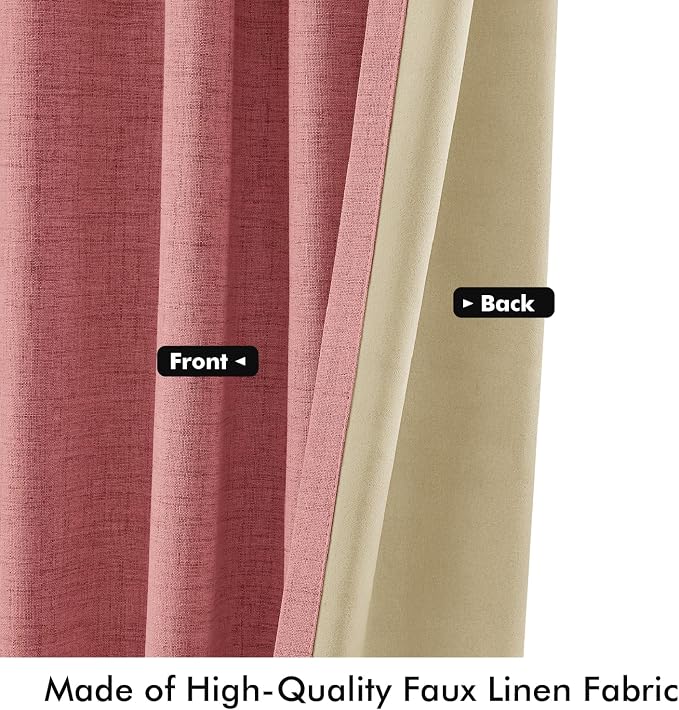 MIULEE 100% Blackout Linen Curtains for Bedroom, Dusty Rose Solid Luxury Decor Thermal Insulation Room Darkening Drapes for Living Room Back Tab Rod Pocket 42 x 96 Inches, 2 Panels