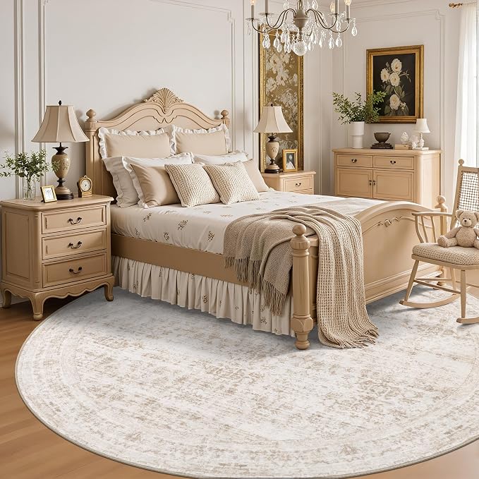 Round Area Rug for Living Room: 6ft Washable Vintage Boho Soft Thin Circle Rug Indoor Floor No Slip Stain Resistant Carpet for Bedroom Dining Room Farmhouse Nursery Home Office -Beige Brown