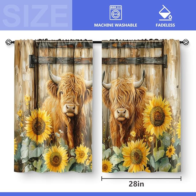 Aimego Highland Cow Barn Door Kitchen Curtains - Rustic Farmhouse Country Short Cafe Curtains Decor for Tier Curtains Over Sink Sunflower Rod Pocket Window Drapes 30 Inch Length 2 Panels Set, 28"x30"