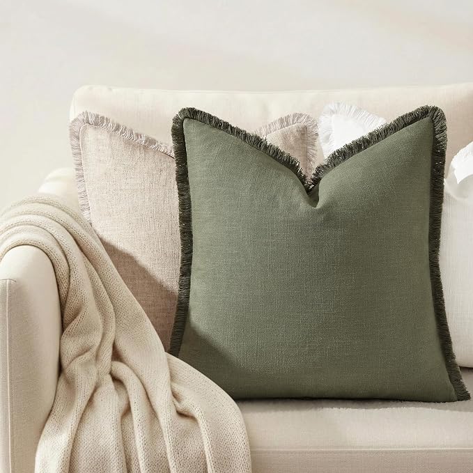 decorUhome Linen Fringe Euro Sham Throw Pillow Covers Set of 2 Decorative Olive Green Pillow Covers with Tassels Soft Accent Boho Farmhouse Pillow Cases for Couch Bed Sofa 26x26 Inch