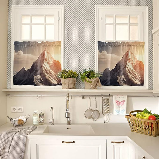 Kitchen Tier Curtains 36 inches Long, Mountains Natural Landscape Alps Window Curtains for Living Room Bath Cafe,Rod Pocket Light Filtering Drapes Short Half Window Treatment Tiers 2 Panels