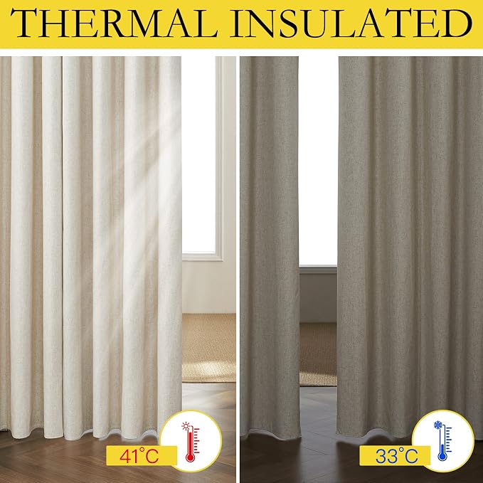 NICETOWN Natural Bedroom Full Blackout Linen Curtain Panels Set of 2, 62" by 72", Thick Insulated Classic Grommet Blackout Draperies with White Thermal Insulated Liner for Windows