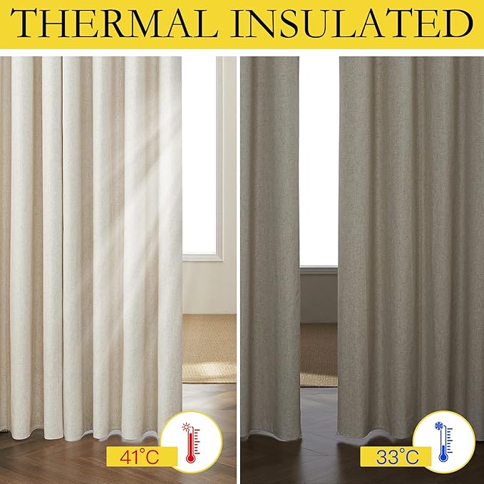 NICETOWN Full Blackout Natural Linen Cold Reducing Curtains 102" Length with Thermal Insulated Liners for Living Room, 2 Panels, 52 inches W, Farmhouse Style Keep Warm Large Window Draperies for Hall