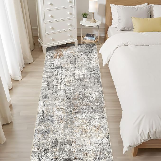 Runner Rug Kitchen Washable Rugs: 3x10 Non-Slip Abstract Soft Modern Stain Resistant Indoor Floor Neutral Accent Throw Carpet for Hallway Bathroom Laundry Room Entryway Bedroom- Gray Rust