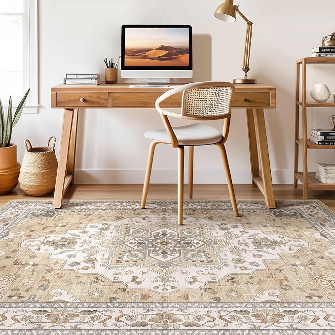 7x9 Area Rug Living Room: Washable Boho Large Neutral Vintage Soft Rug Stain Resistant Farmhouse Non-Slip Indoor Floor Retro Carpet for Bedroom Nursery Kids Office Dining Room- Sand Gray