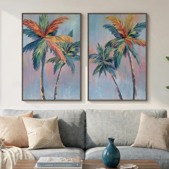 Framed Colorful Coastal Palm Tree Wall Art Bedroom, Set of 2 Tropical Beach Canvas Prints Artwork for Walls, Large Pop Art Coastal Paintings Pictures for Living Room Hallway Wall Art Decor, 20x30 Inch