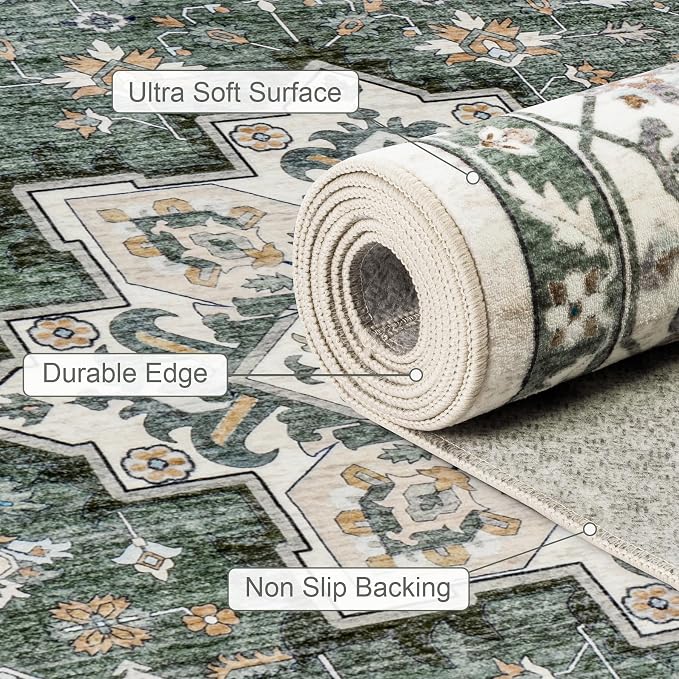 Round Area Rug for Living Room: 4 ft Washable Vintage Boho Soft Thin Circle Rug Indoor Floor No Slip Stain Resistant Carpet for Bedroom Dining Room Farmhouse Nursery Home Office - Green Ivory