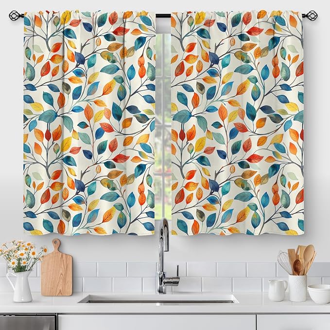 Aimego Colorful Leaves Kitchen Curtains - Floral Spring Botanical Tier Cafe Curtains Farmhouse Country Small Window for Bathroom Living RV Rod Pocket Window Drapes 30 Inch 2 Panels Set 28"x30"