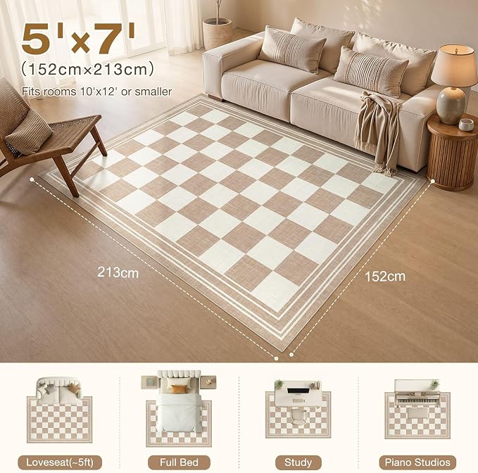 cotiled Washable Area Rugs 5x7 Living Room | Non Slip Backing, Stain Resistant, Pet Friendly, Large Neutral Soft Indoor Carpet For Bedroom, Nursery, Office, Khaki/Brown