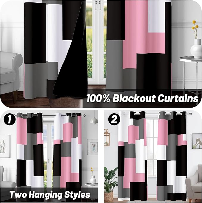 Tyrot Pink 100% Blackout Curtains for Bedroom 84 inch Length 2 Panels Set Black Grey Modern Abstract Geometric Black Out Curtains Insulated Room Darkening Window Drapes for Living Room, 42Wx84L