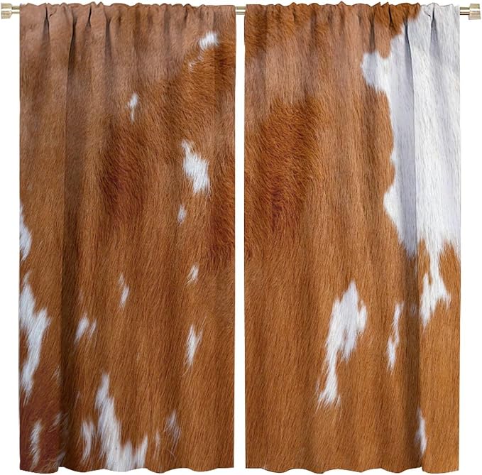 Cow Blackout Curtain,Animal Print Yellow Cowhide Aztec Rustic Farm Farmhouse Window Treatments Rod Pocket Curtain for Bedroom Living Room Kitchen Decor Drapes 42x45in