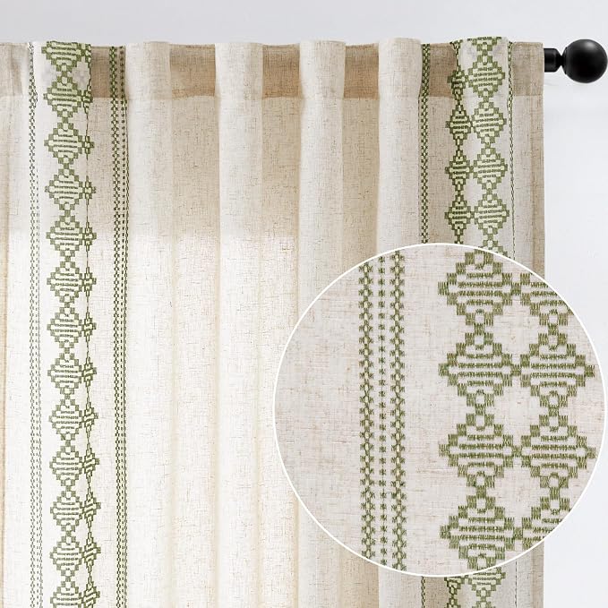jinchan Boho Curtains Linen Blend Beige Farmhouse Curtains 96 Inches Long for Living Room Sage Green Square Embroidered Bordered Back Tab Bedroom Window Light Filtering Bohemian Drapes 2 Panels