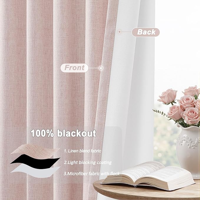 UHITECH Pink Blackout Curtains for Bedroom 2 Panels Set 54 Inch Curtain for Small Windows Linen Black Out Drapes Darkening for Living Room Thermal Insulated Textured