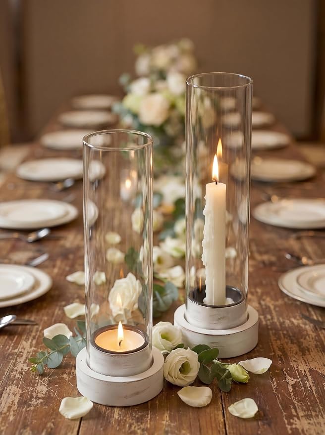 NUPTIO Hurricane Taper Candle Holders with Wax Catchers, Dripless, Set of 2 | Metal Bobeches Catch Drips, Distressed White Wood Bases, for Farmhouse Weddings Table Centerpieces, Home Decor, Easy Clean
