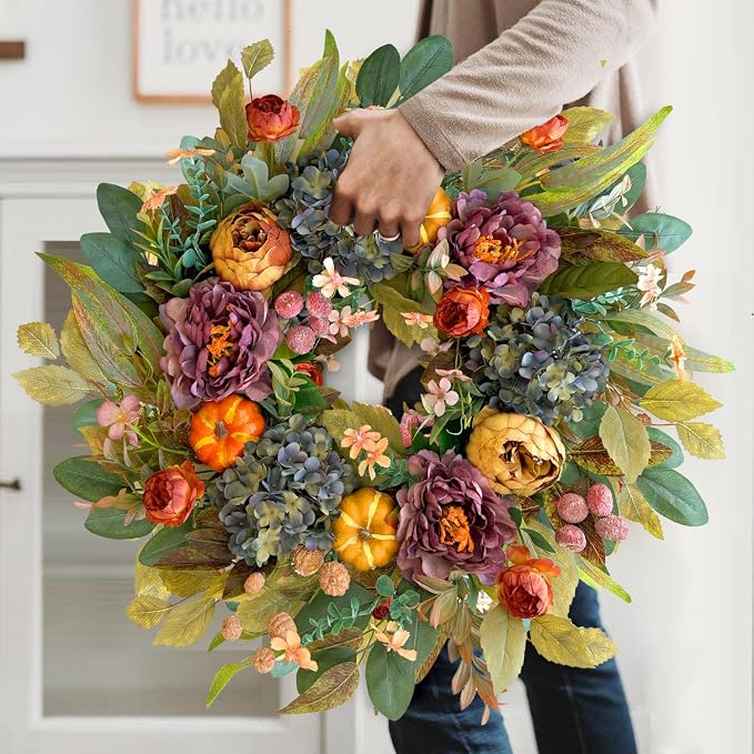 WANNA-CUL 24in Fall Front Door Wreath,Hydrangea Peony Pumpkin Harvest Decor | Twig-base Autumn wreath, Thanksgiving Farmhouse decor with storage box for reuse, indoor outdoor seasonal gift