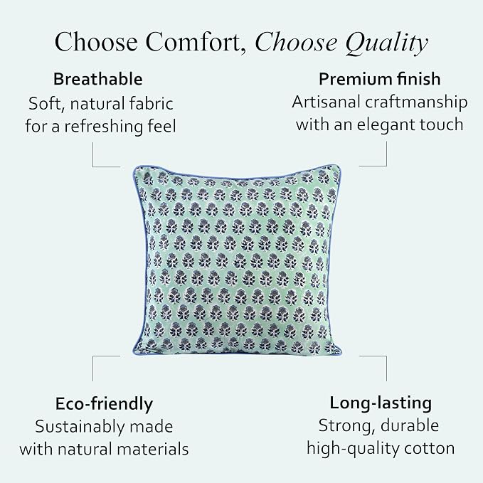 CPC 100% Cotton Throw Pillow Covers 18x18 Inch, Set of 2 Blue Block Print Pattern Couch Pillow, Cute Boho Decorative Pillows for Living Room, Bedroom with Hidden Zipper- Poppy Blue