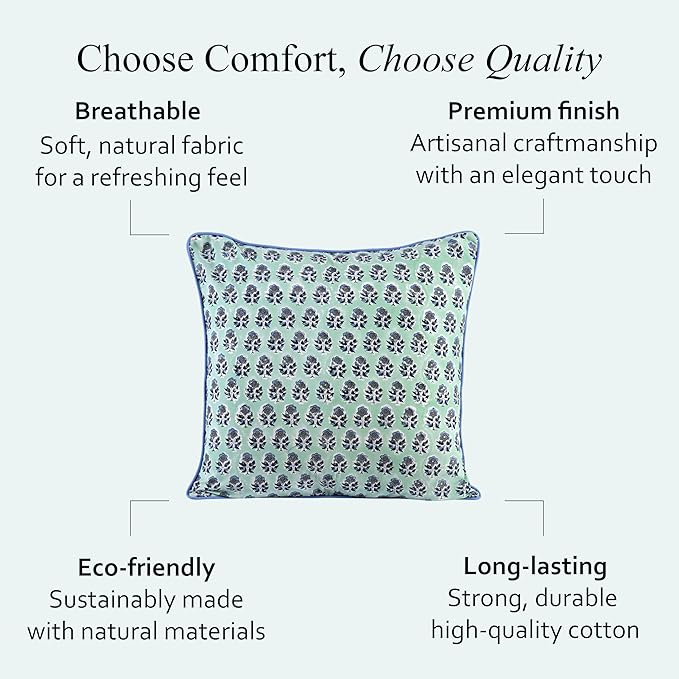 CPC 100% Cotton Throw Pillow Covers 18x18 Inch, Set of 2 Blue Block Print Pattern Couch Pillow, Cute Boho Decorative Pillows for Living Room, Bedroom with Hidden Zipper- Poppy Blue