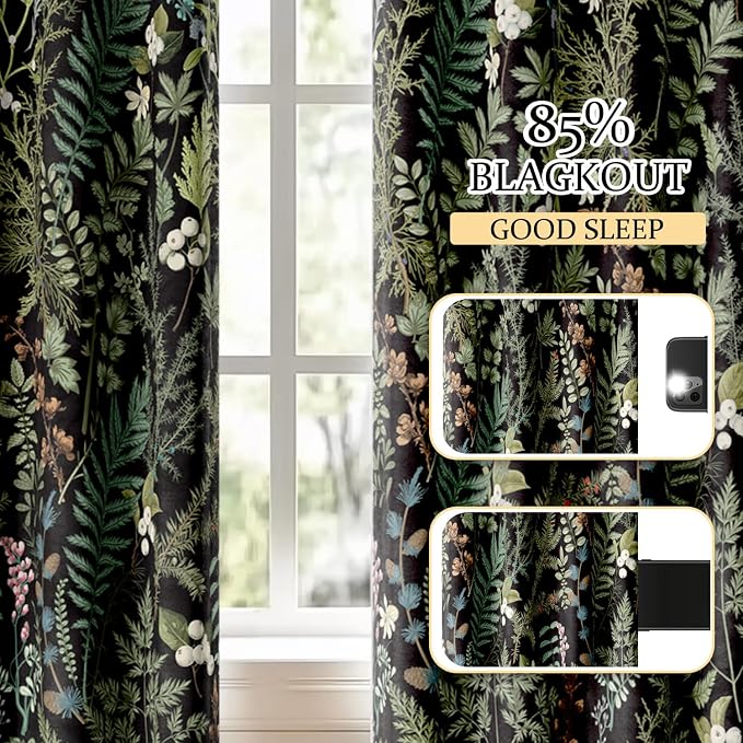 Retro Black Floral Leaf Blackout Curtains, Boho Vintage Botanical Flower Window Drapes, Living Room Bedroom Decor 2 Panels 52x84 Inch