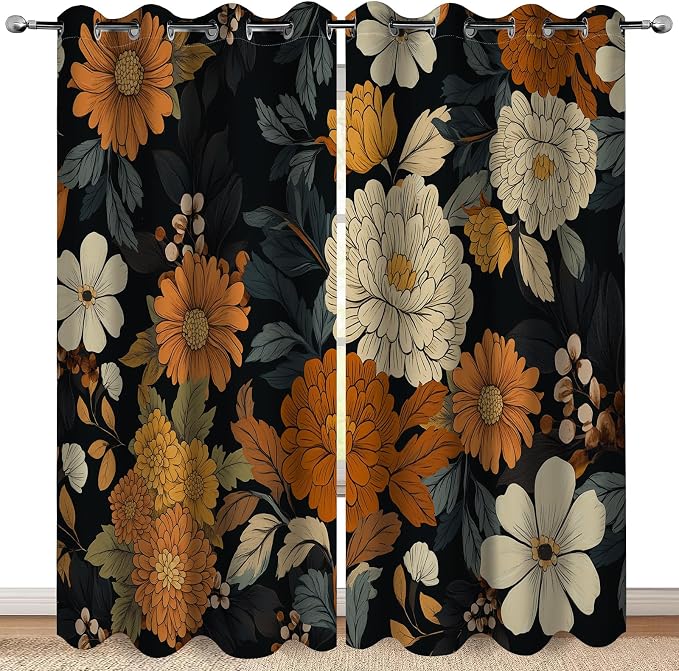 Retro Boho Flower Floral Blackout Curtains Colorful Flowers Halloween Spring Summer Autumn Winter Decor Women Men Girls Boys Bedroom Door Living Room Darkening Grommet Window Drapes 2 Panels, 52"x63"