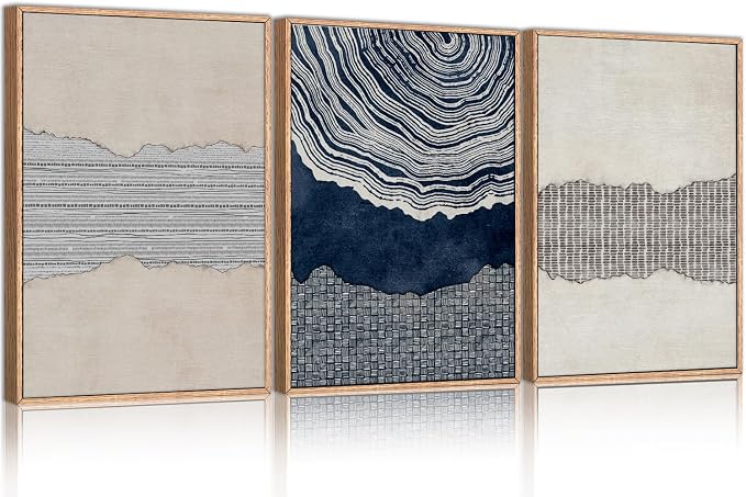 LHIUEM Large Abstract Navy Blue Beige Framed Canvas Wall Art,Modern Tree Rings Shapes Wall Decor,Neutral Retro Wooden Artwork for Living Room,Bedroom,Dining Room,Office -24"x36"x3