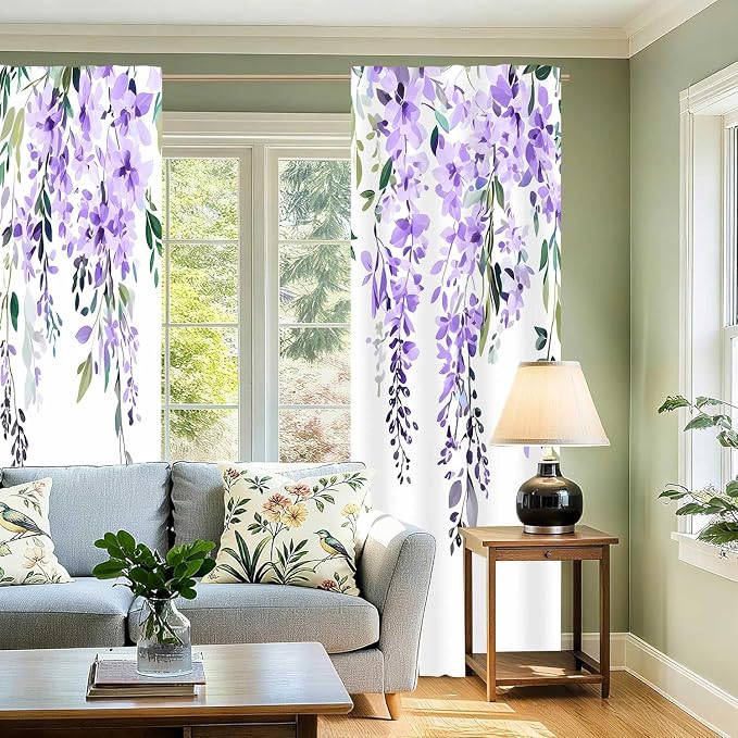 Purple Watercolor Floral Curtains, Botanical Leaves Vine Flowers Curtain, Rustic Farmhouse Flower Leaf Blackout Window Treatment Drapes for Bedroom Living Room 52x72 inch, 2 Panels