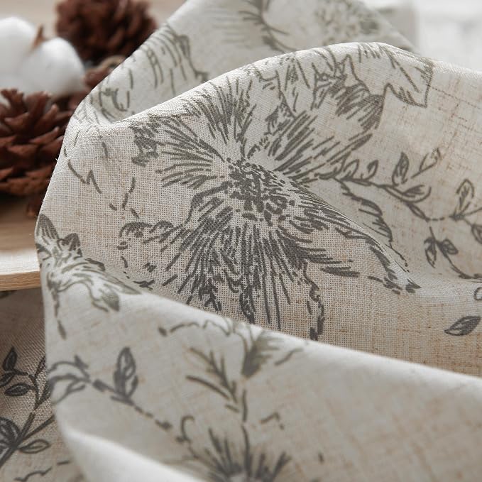 jinchan Floral Linen Tier Curtains 45 Inch Farmhouse Botanic Cafe Drapes for Small Windows Rustic Half Window Curtains for Kitchen Living Room Bathroom Laundry 2 Panels Grey on Beige